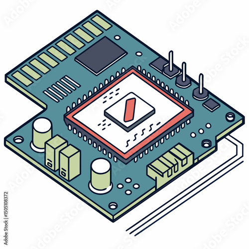 Vector illustration of motherboard with a damaged chip highlighted, isolated on transparent background