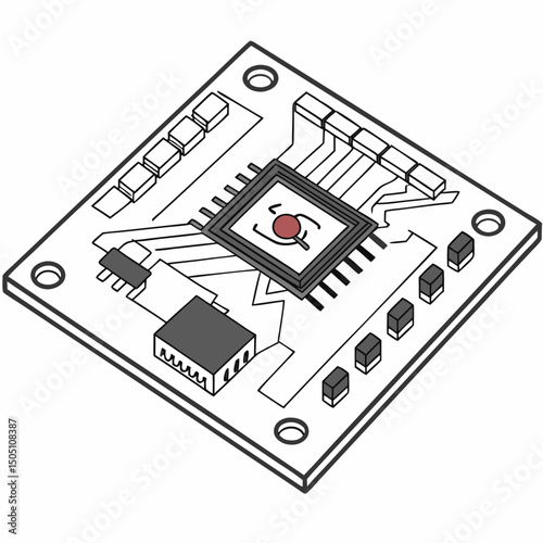 Vector illustration of motherboard with a damaged chip highlighted, isolated on transparent background