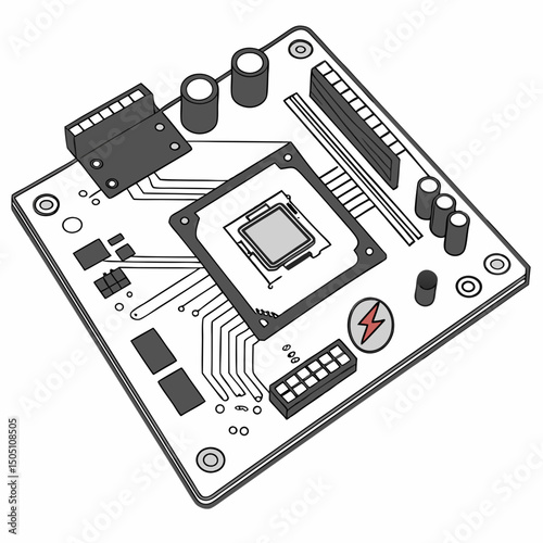 Vector illustration of motherboard with a damaged chip highlighted, isolated on transparent background