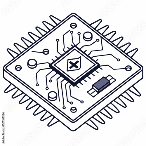 Vector illustration of motherboard with a damaged chip highlighted, isolated on transparent background
