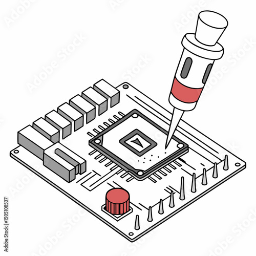 Vector illustration of motherboard with a damaged chip highlighted, isolated on transparent background