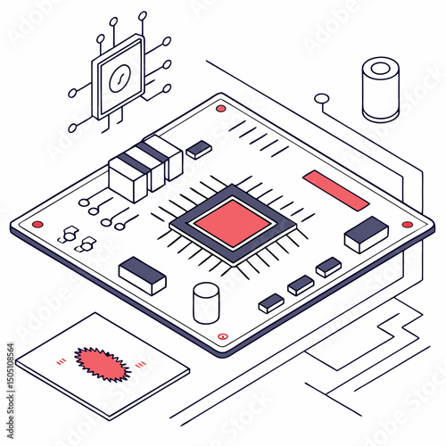 Vector illustration of motherboard with a damaged chip highlighted, isolated on transparent background