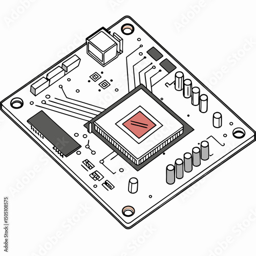 Vector illustration of motherboard with a damaged chip highlighted, isolated on transparent background