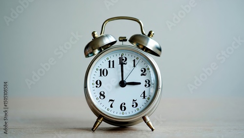 Minimalist retro alarm clock with metal bells, centered on a pale gray background, showcasing sharp focus on hands and numbers. photo