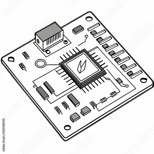 Vector illustration of motherboard with a damaged chip highlighted, isolated on transparent background