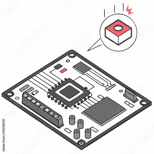 Vector illustration of motherboard with a damaged chip highlighted, isolated on transparent background