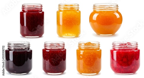 Set of Glass Jam Jars Isolated on White Background