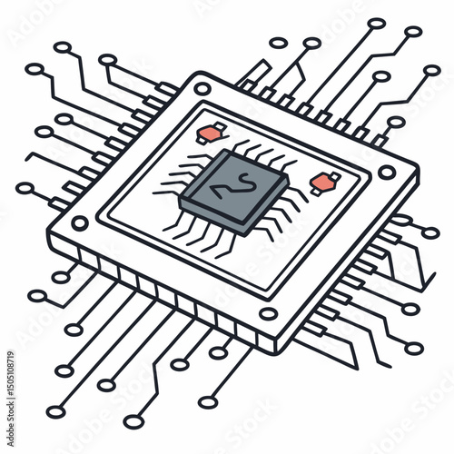 Vector illustration of motherboard with a damaged chip highlighted, isolated on transparent background