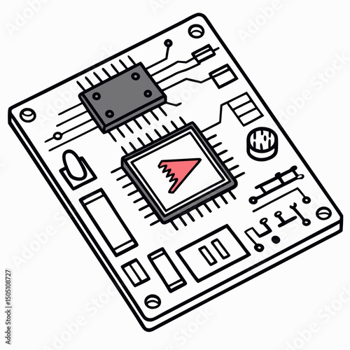 Vector illustration of motherboard with a damaged chip highlighted, isolated on transparent background
