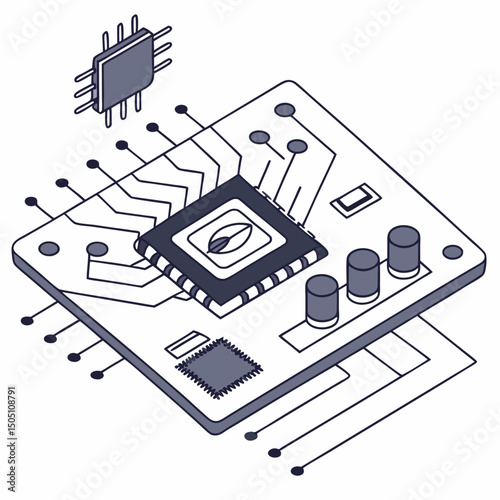 Vector illustration of motherboard with a damaged chip highlighted, isolated on transparent background