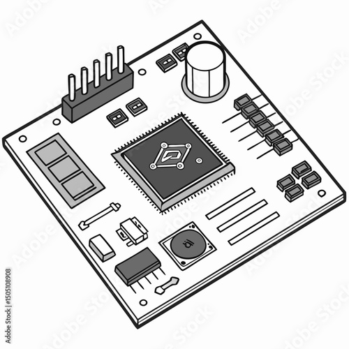 Vector illustration of motherboard with a damaged chip highlighted, isolated on transparent background