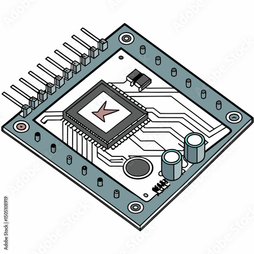 Vector illustration of motherboard with a damaged chip highlighted, isolated on transparent background