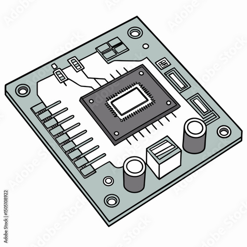 Vector illustration of motherboard with a damaged chip highlighted, isolated on transparent background