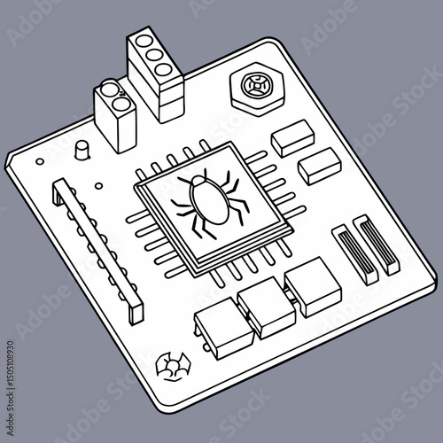 Vector illustration of motherboard with a damaged chip highlighted, isolated on transparent background