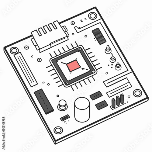 Vector illustration of motherboard with a damaged chip highlighted, isolated on transparent background