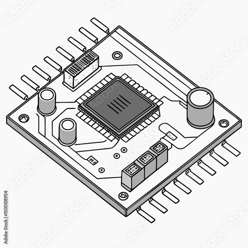 Vector illustration of motherboard with a damaged chip highlighted, isolated on transparent background