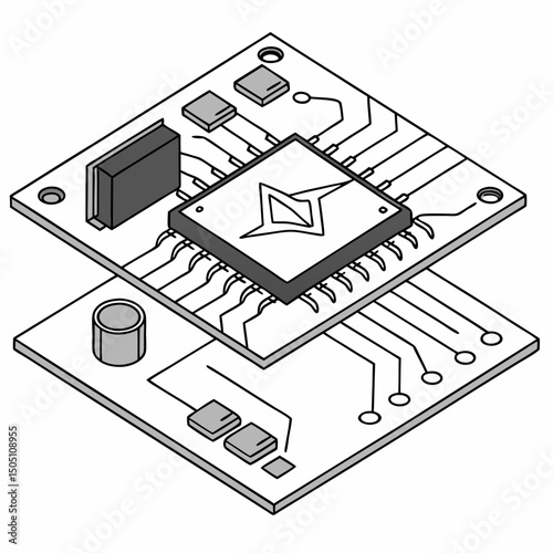 Vector illustration of motherboard with a damaged chip highlighted, isolated on transparent background
