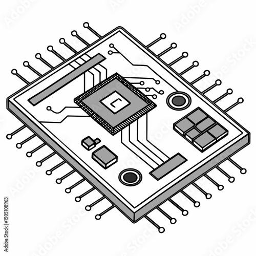 Vector illustration of motherboard with a damaged chip highlighted, isolated on transparent background