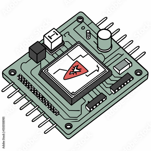 Vector illustration of motherboard with a damaged chip highlighted, isolated on transparent background