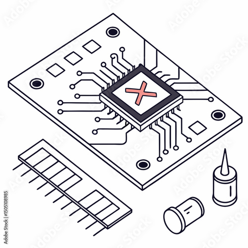 Vector illustration of motherboard with a damaged chip highlighted, isolated on transparent background