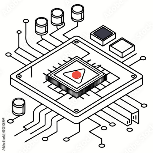Vector illustration of motherboard with a damaged chip highlighted, isolated on transparent background