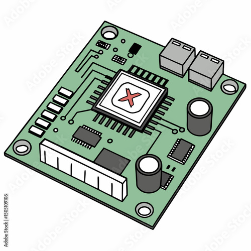 Vector illustration of motherboard with a damaged chip highlighted, isolated on transparent background