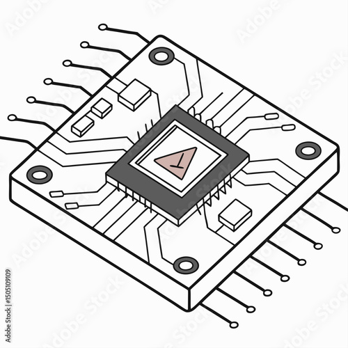 Vector illustration of motherboard with a damaged chip highlighted, isolated on transparent background