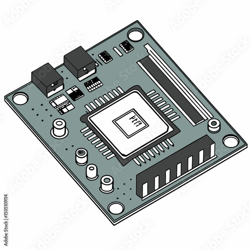 Vector illustration of motherboard with a damaged chip highlighted, isolated on transparent background