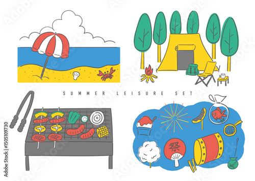 Hand-drawn Summer Leisure Set – Beach, Camping, BBQ and Festival
手描き風の夏レジャーセット（海・キャンプ・バーベキュー・夏祭り）