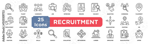 Recruitment icon collection set. Containing hiring,talent,candidates,job,interview,resume,vacancy,selection,screening,placement icon. Simple line vector.