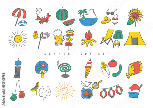Hand-drawn Summer Icon Set – Seasonal Japanese Elements and Activities
手描き風の夏アイコンセット（日本の夏の風物詩）