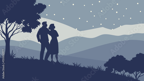 Silhouette of a couple stargazing on a hilltop