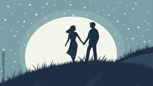 Silhouette of a couple stargazing on a hilltop