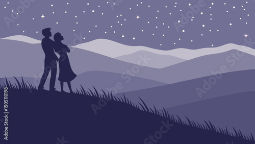 Silhouette of a couple stargazing on a hilltop