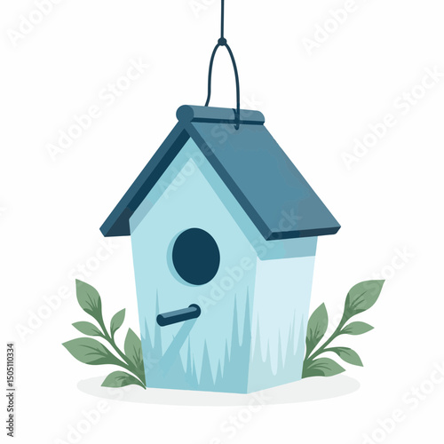 Charming wooden birdhouse hanging with leaves, whimsical garden decor