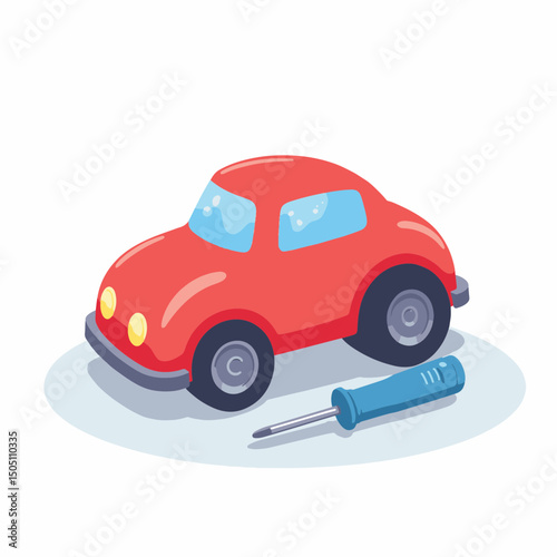 Colorful toy car and screwdriver on gray surface, playful creativity