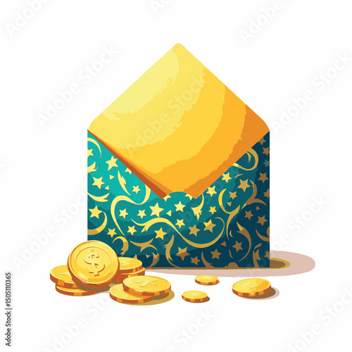 Colorful gift envelope with gold coins, symbolizing prosperity