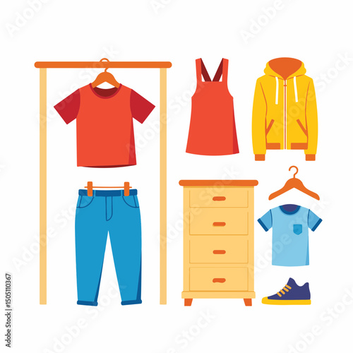 Colorful wardrobe set for a young boy, minimalistic organization