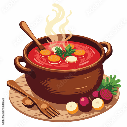 Traditional earthenware pot filled with borscht on wooden table, warmth