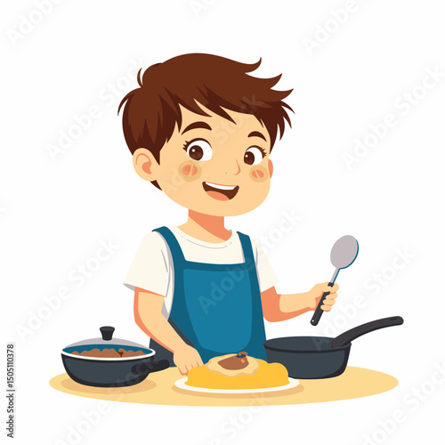 Joyful boy cooking in a kitchen, embracing culinary creativity