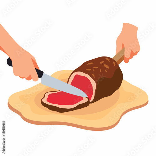 Hands skillfully slicing roasted lamb on a cutting board, culinary art