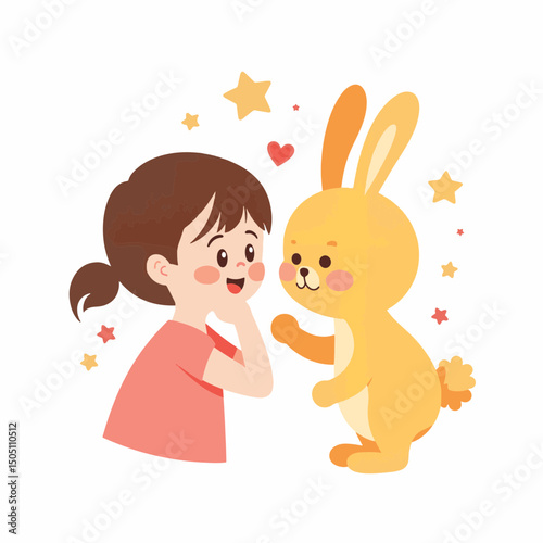 Joyful girl whispering to cheerful bunny, friendship celebration