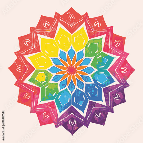Vibrant rainbow mandala chalk art on white background, joyful expression