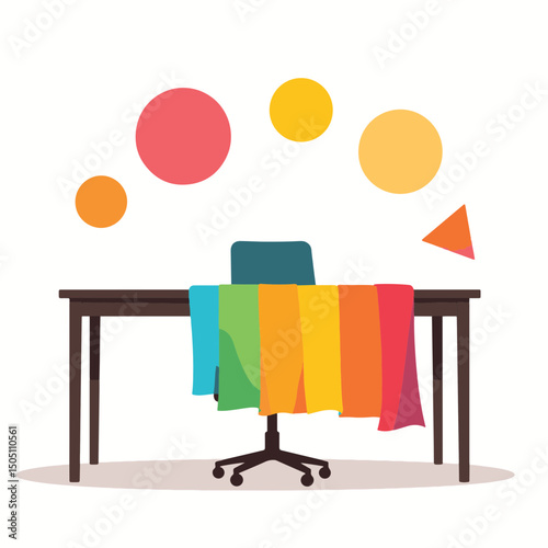 Colorful rainbow flag draped over modern desk, symbolizing diversity