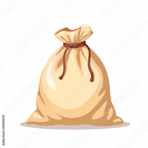 Simple beige cloth bag with drawstring on white background, minimalism