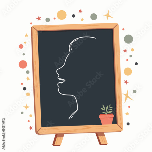 Elegant chalkboard sign showcasing smiling woman's profile, creativity