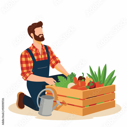 Man kneeling next to vibrant vegetable crate in clean space, gardening