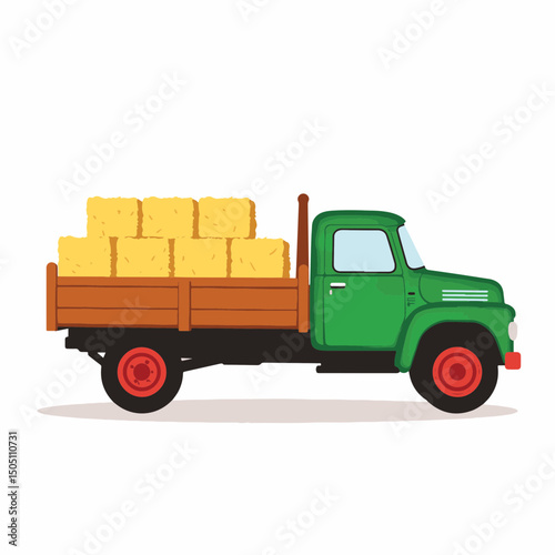 Farm truck carrying hay bales on white background, simplicity concept