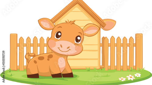 Cute Calf by Farmhouse Fence