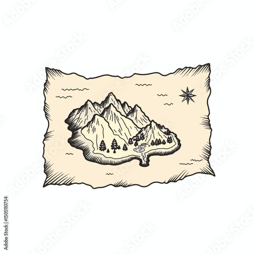 Hand-drawn map of imaginary island with landmarks, artistic exploration